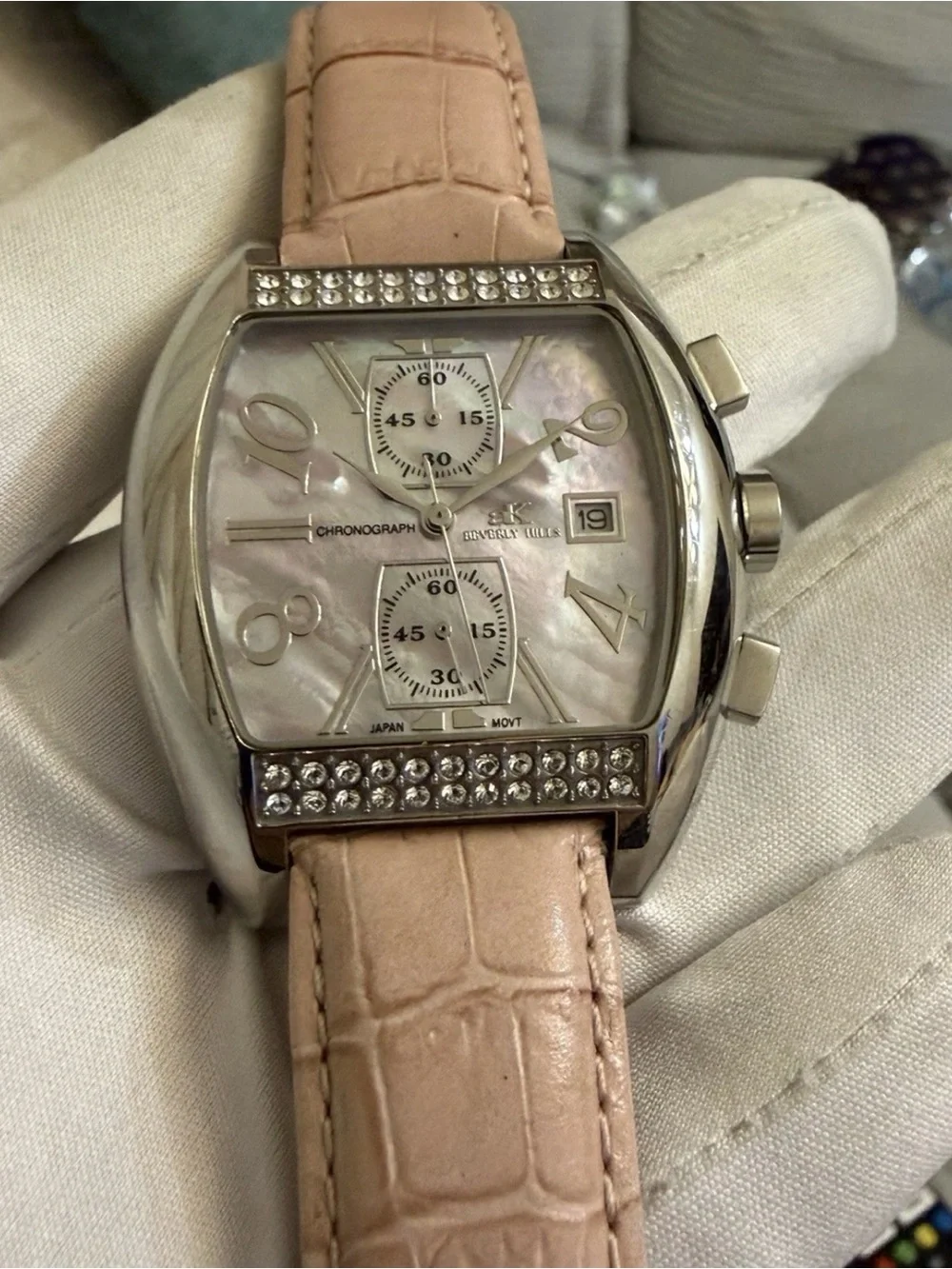 Adee Kaye Beverly Hills Sport Chronograph Pink MOP Swarovski Crystal Watch